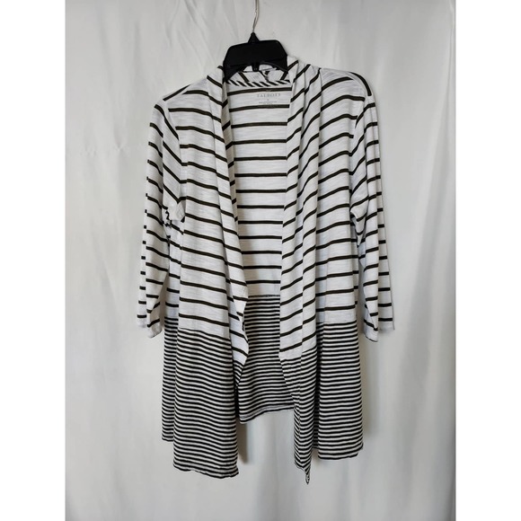 Talbots Long Cotton Blend Olive Green/White Stripes Cardigan - Picture 1 of 6
